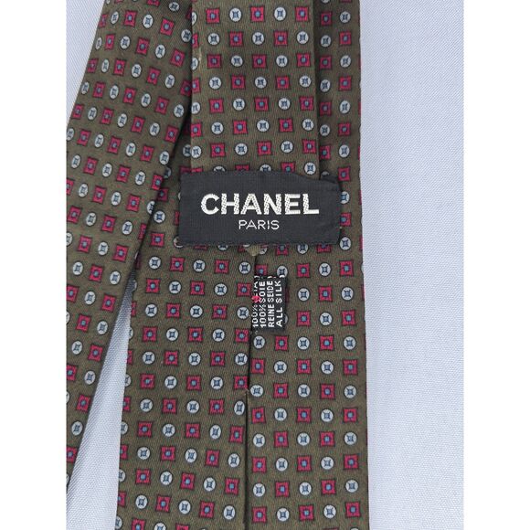Vintage Signed Green Pattern Soie Silk Chanel Necktie Circle Square Pattern - Picture 7 of 8